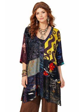 Silk Patchwork Boho Burnt Velvet Tunic Cardigan Mix Print JR Collection Womens M